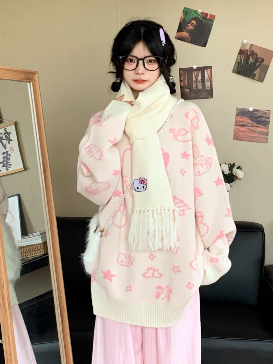 潮牌卡通凱蒂貓毛衣女設計感秋冬寬鬆圓領套頭慵懶風情侶針織上衣