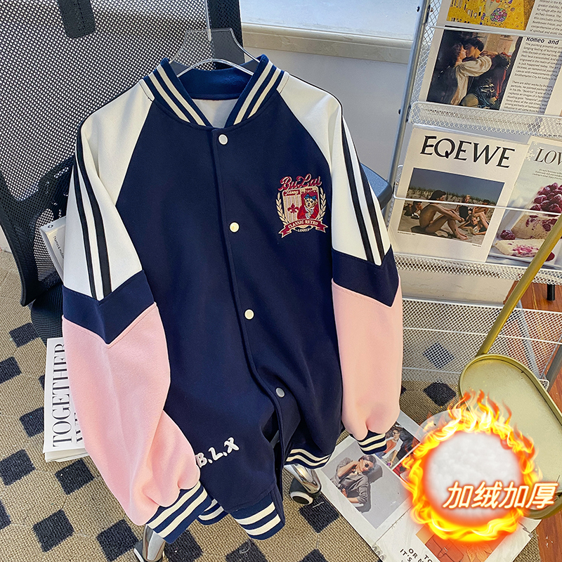 實拍-冬裝純棉華棉複合銀狐絨刺繡撞色棒球服衛衣女