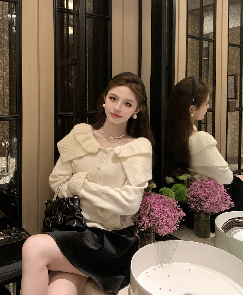 實拍 法式溫柔風荷葉領針織開衫女上衣立體繡花修身毛衣