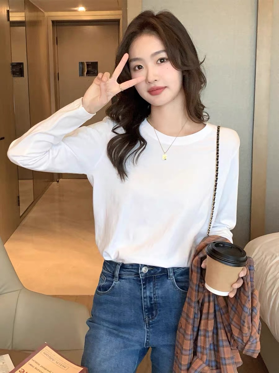 純棉白色打底衫女寬鬆顯瘦內搭t恤春秋新款圓領簡約百搭長袖上衣