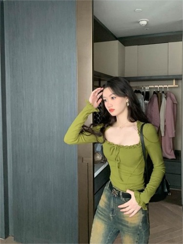 2024260 Freely cut square collar fungus top for autumn slimming long-sleeved T-shirt for women ins