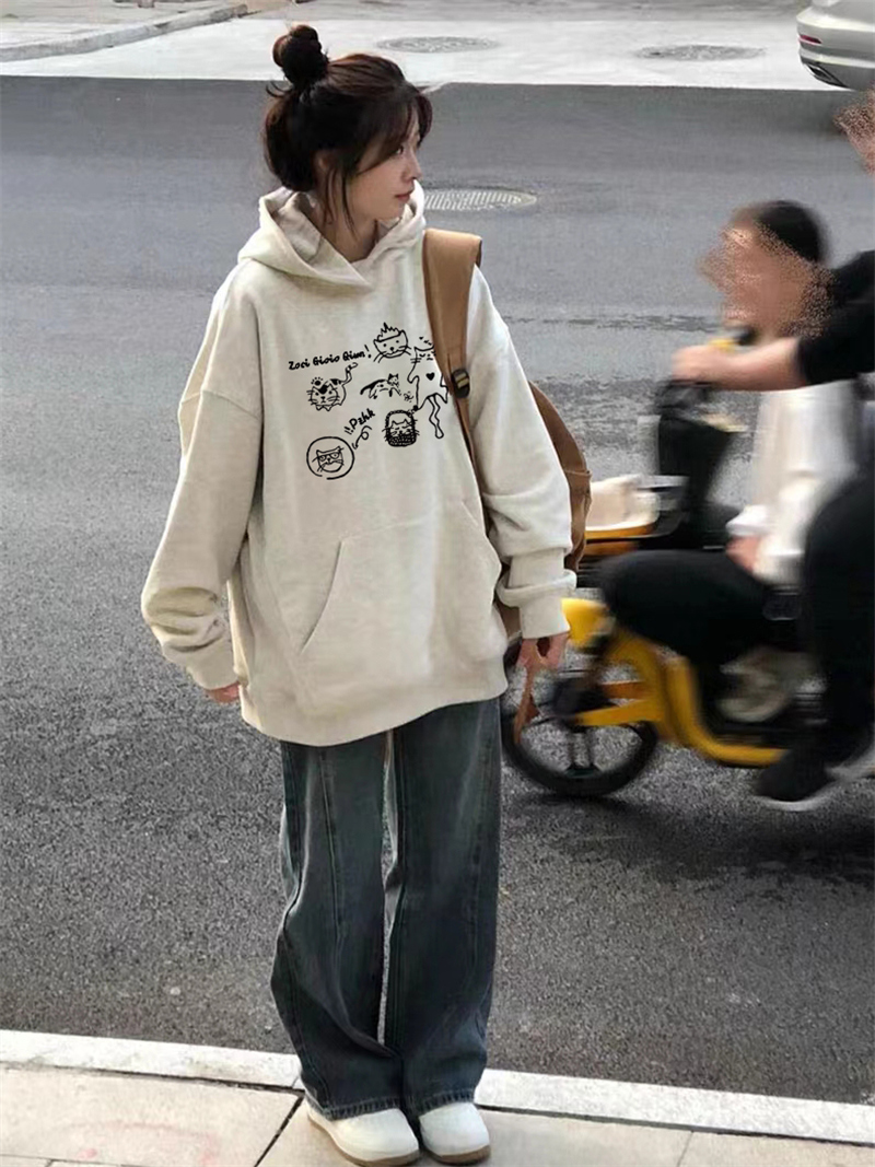 官圖華棉複合薄款310克/加絨410克秋冬裝衛衣女印花