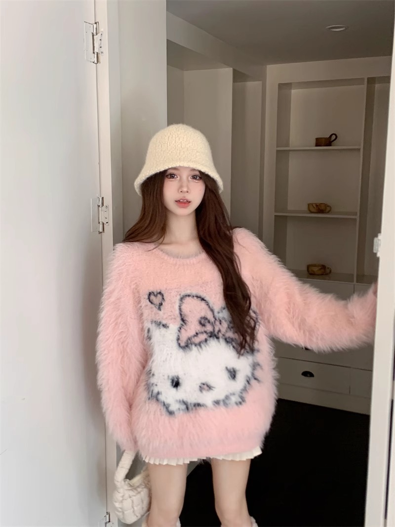 仿貂#卡通提花軟糯套頭毛衣女秋冬季甜美寬鬆慵懶風針織衫仿水貂