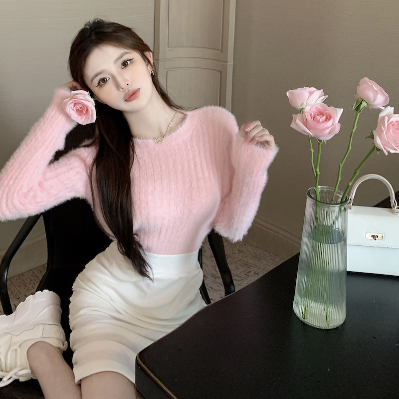 實拍 水貂絨毛衣女秋冬新款修身顯瘦短款露臍內搭長袖洋氣針織衫