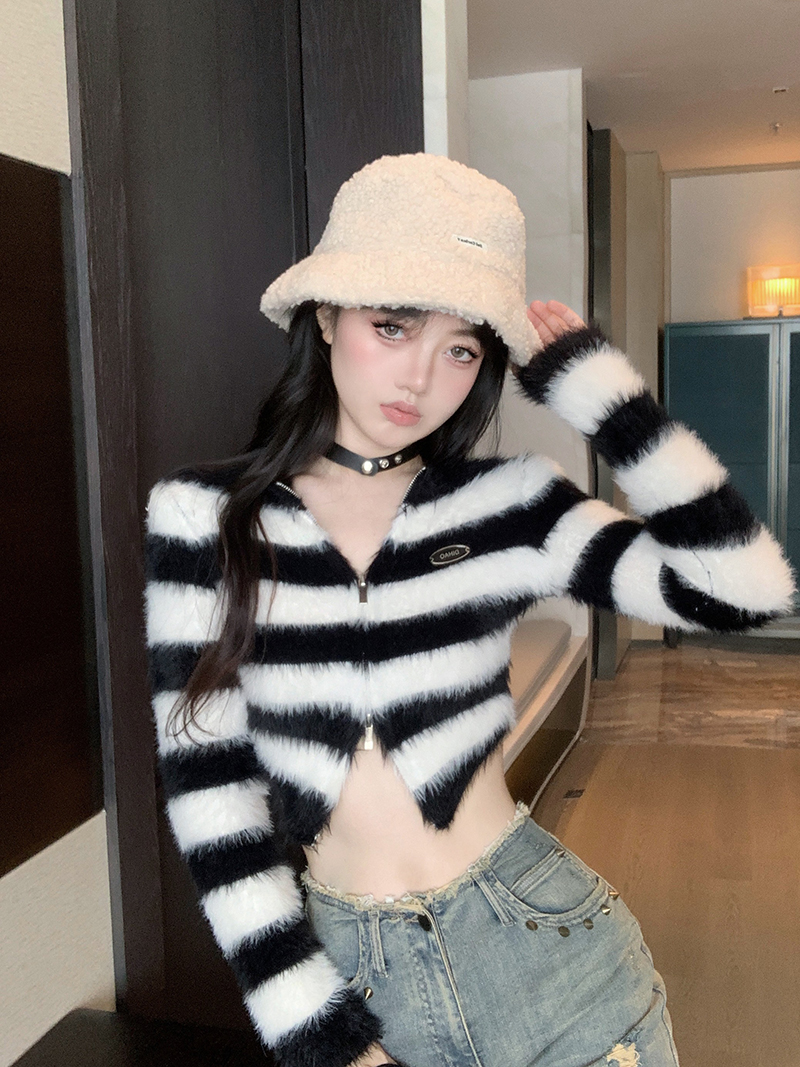 實拍 修身顯瘦雙拉鏈辣妹短款針織衫仿水貂絨慵懶風毛開衫上衣