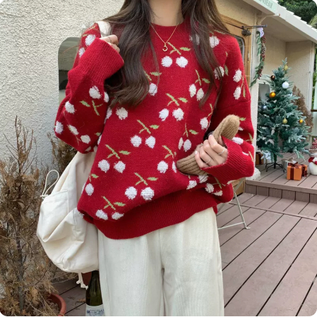韓版秋冬寬鬆慵懶風加厚甜美小果果聖誕針織衫毛衣