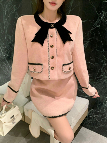 实拍~法式名媛风高级感气质粉色羊毛小香风套装裙女秋冬外套