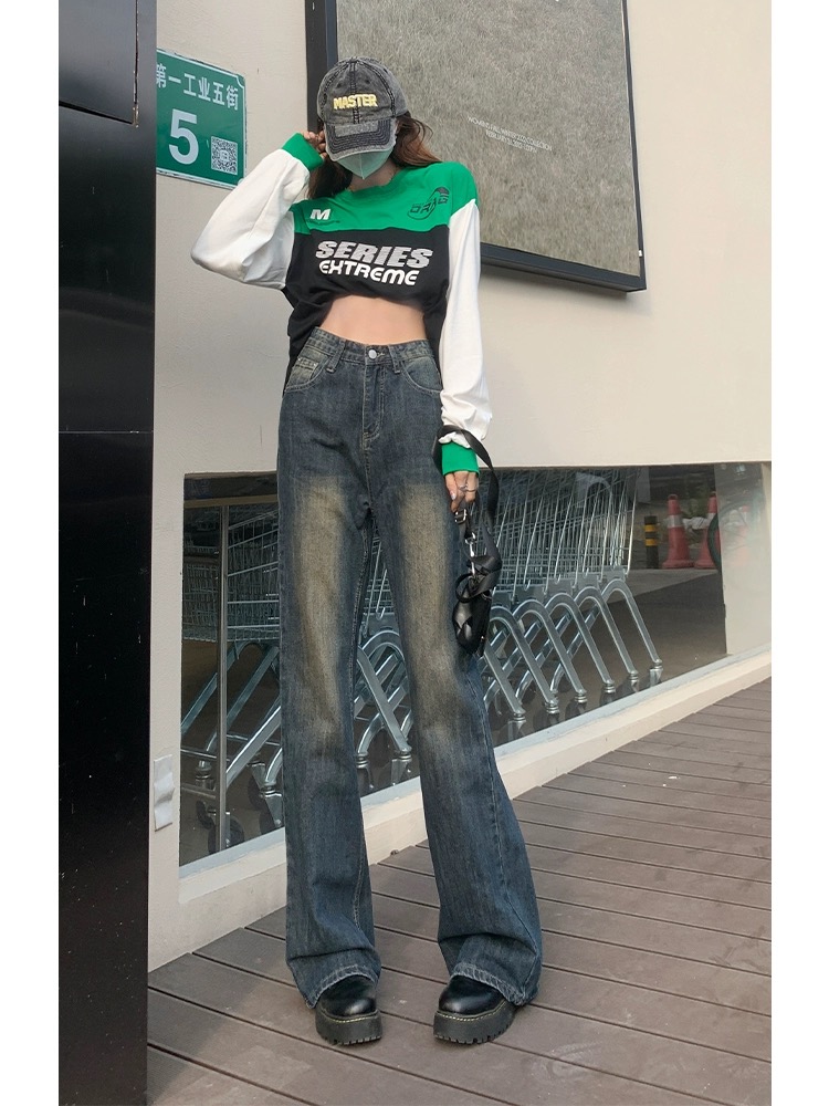 美式高街復古微喇牛仔褲女秋冬新款高腰顯瘦寬鬆闊腿喇叭拖地褲子