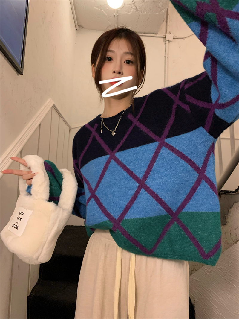 實拍 冬季新款韓版設計感拼色圓領撞色菱格寬鬆百搭套頭毛衣