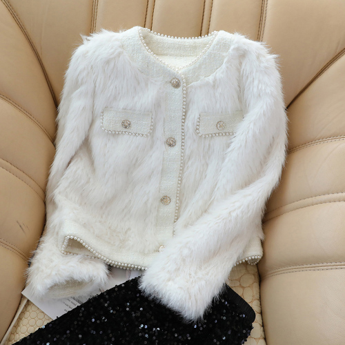 Quality Inspection Official Photo White Furry Jacket Women's Short  Autumn and Winter Style Lady Pearl Long Sleeve Fur Top