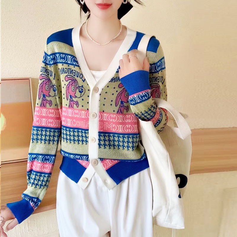 歐貨2023秋冬V領狗狗提花羊毛漂亮好看顯瘦針織開衫外搭外套女
