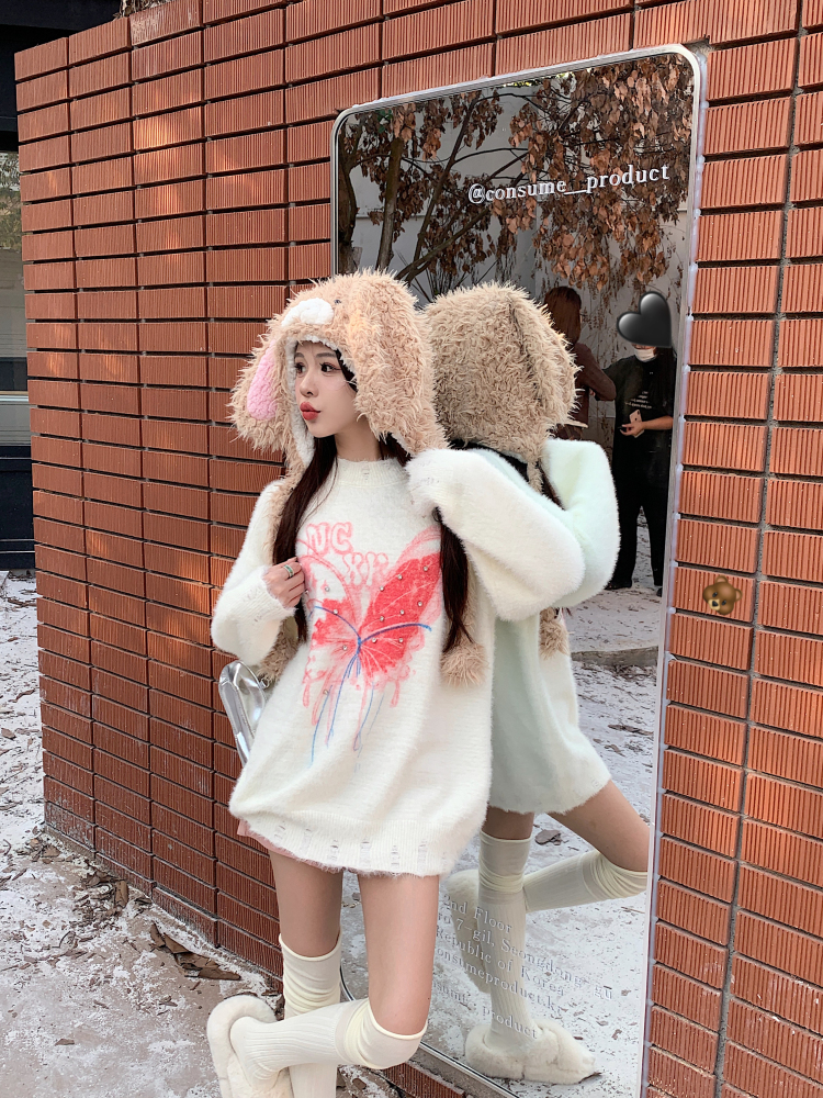 實拍燙磚蝴蝶毛衣女秋冬馬海毛oversize慵懶風軟糯針織衫上衣