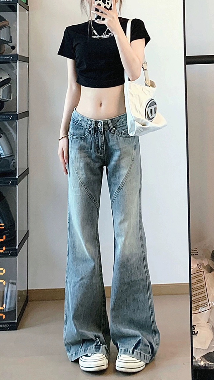 復古低胯牛仔褲女秋季2023年新款美式辣妹低腰顯瘦直筒闊腿微喇褲