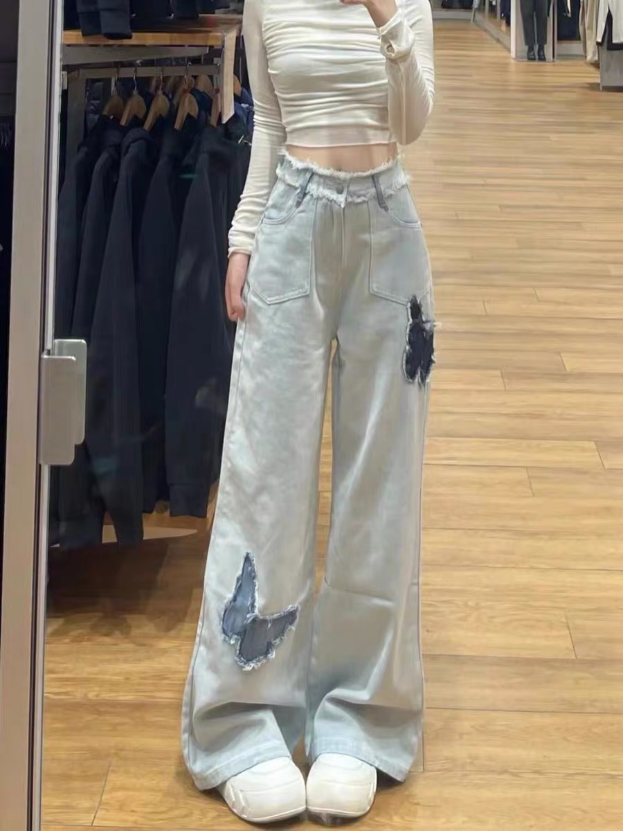 雯雯小超人 蝴蝶毛邊直筒牛仔褲女2023秋季新款高腰顯瘦闊腿褲子