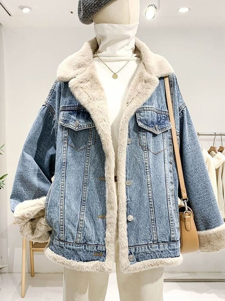 兩面穿羊羔毛牛仔外套女冬季韓版bf寬鬆加絨加厚棉服派克大衣