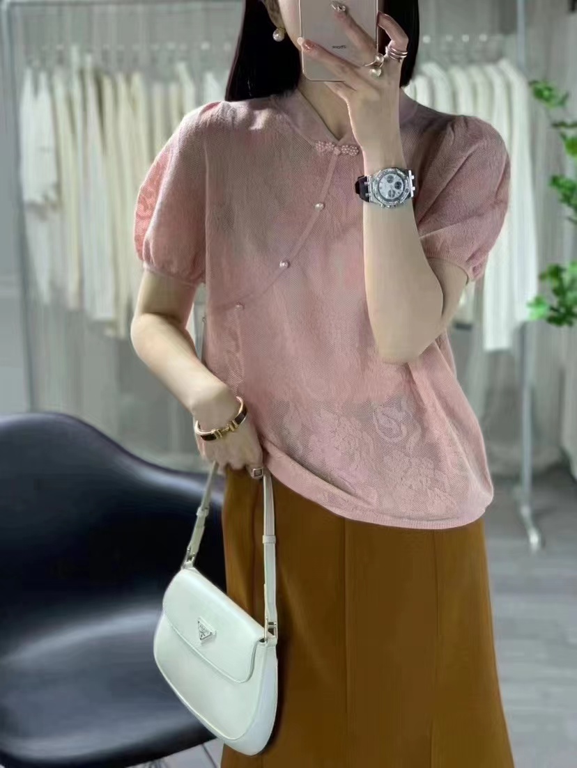 天絲鏤空鈎花復古中國風釘珠盤扣針織衫女夏季短袖純色氣質上衣薄