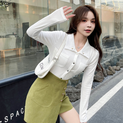 Real shot~T-shirt for women in spring and autumn, short style, slim and versatile, hot girl polo shirt, white tight long-sleeved cardigan top