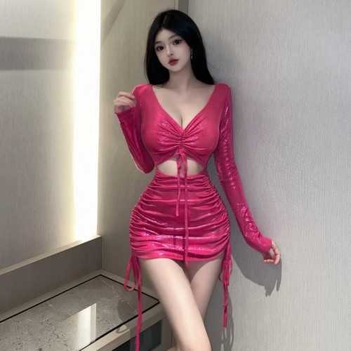 Real shot~Sexy nightclub rose red bright color slim fit hip-hugging V-neck drawstring long-sleeved dress for women