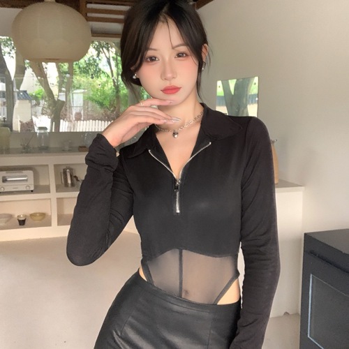 Real shot of sweet cool POLO collar long-sleeved T-shirt Yujie see-through mesh nightclub style sexy one-piece top