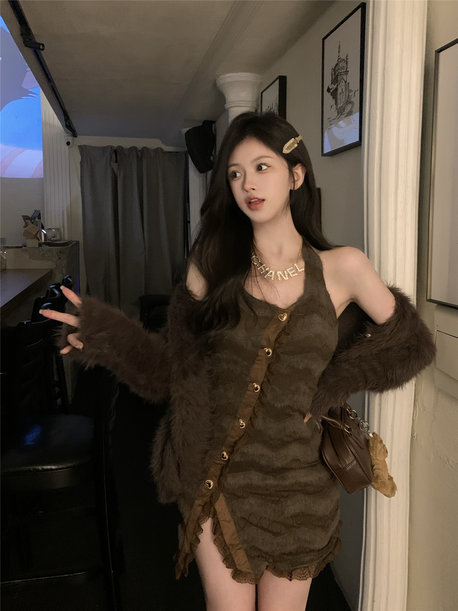 實拍~奶欲芭比 慵懶風開衫毛衣外套女收腰顯瘦辣妹掛脖短裙