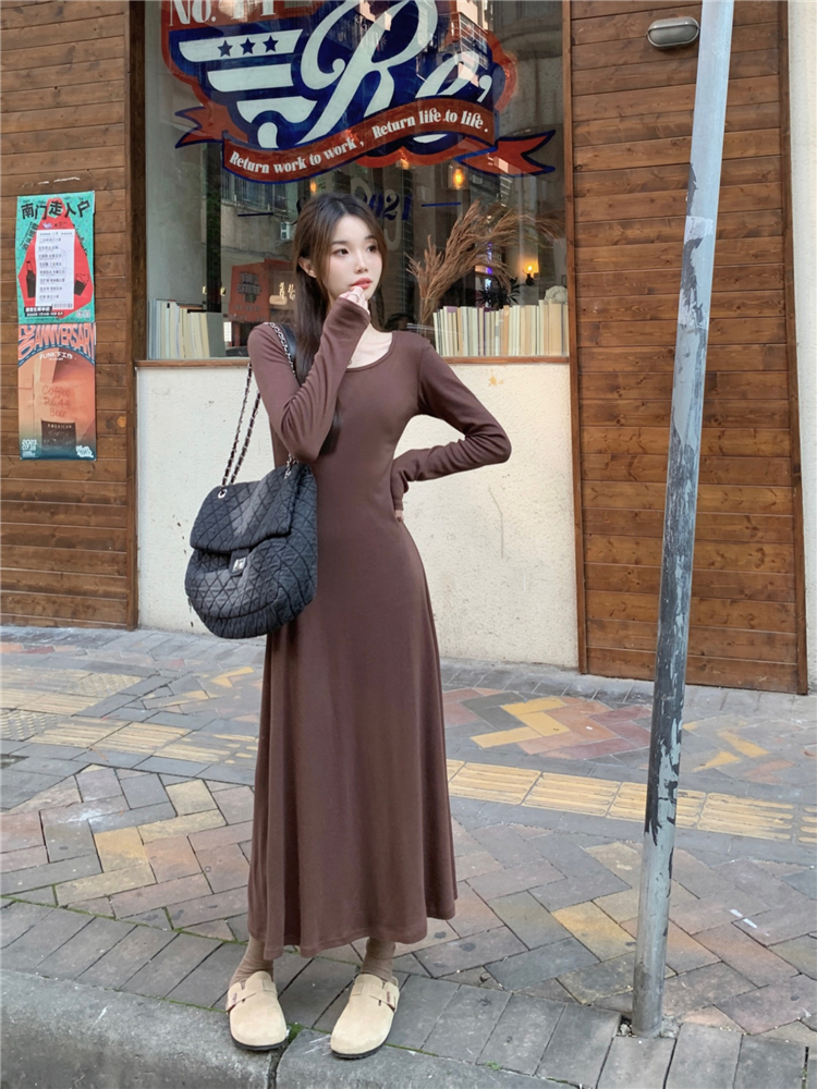 Real shot!  Elegant square neck draped versatile dress for women Korean style outer wear and inner wear slimming A-line long skirt