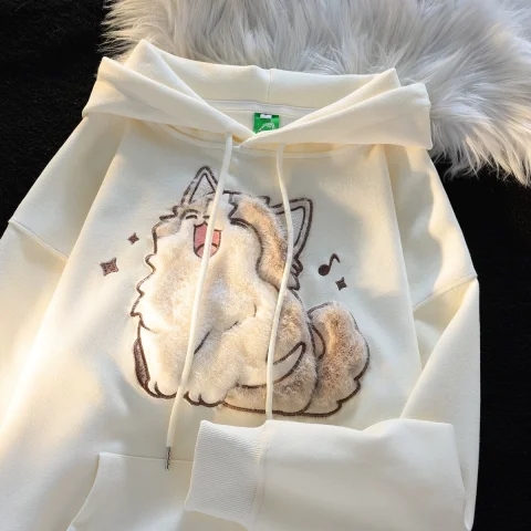 Chinese cotton composite milk silk + silver fox velvet + back collar embroidered sweatshirt loose college style