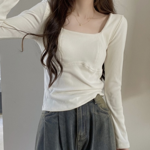 Actual shot Korean style square collar waist slimming T-shirt slim fit versatile threaded long-sleeved top