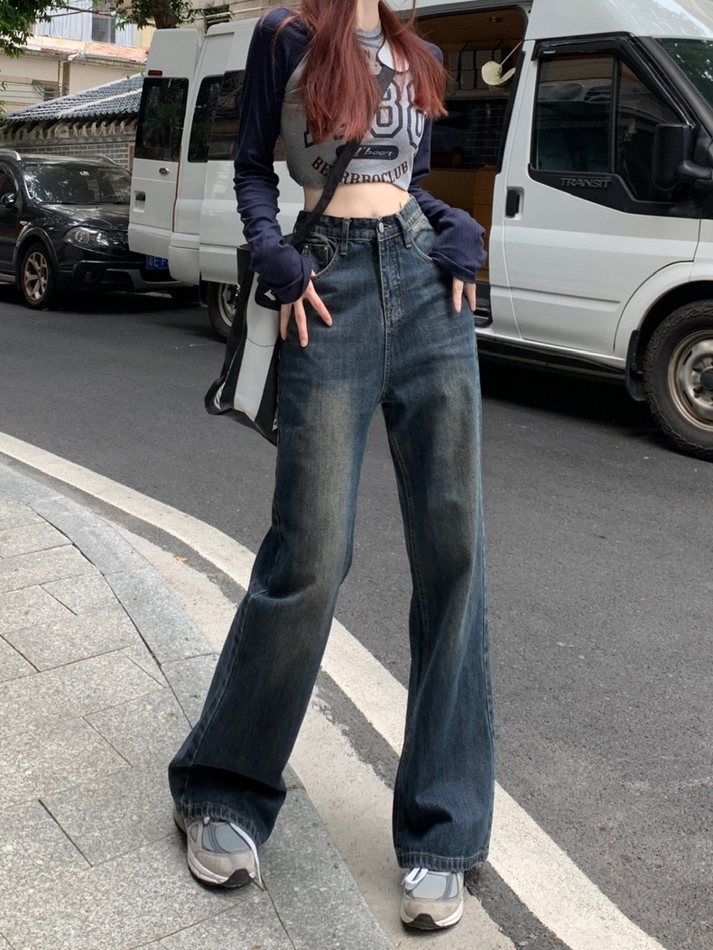 復古藍色直筒褲牛仔褲女秋季寬鬆闊腿褲高街微喇叭褲拖地長褲子潮