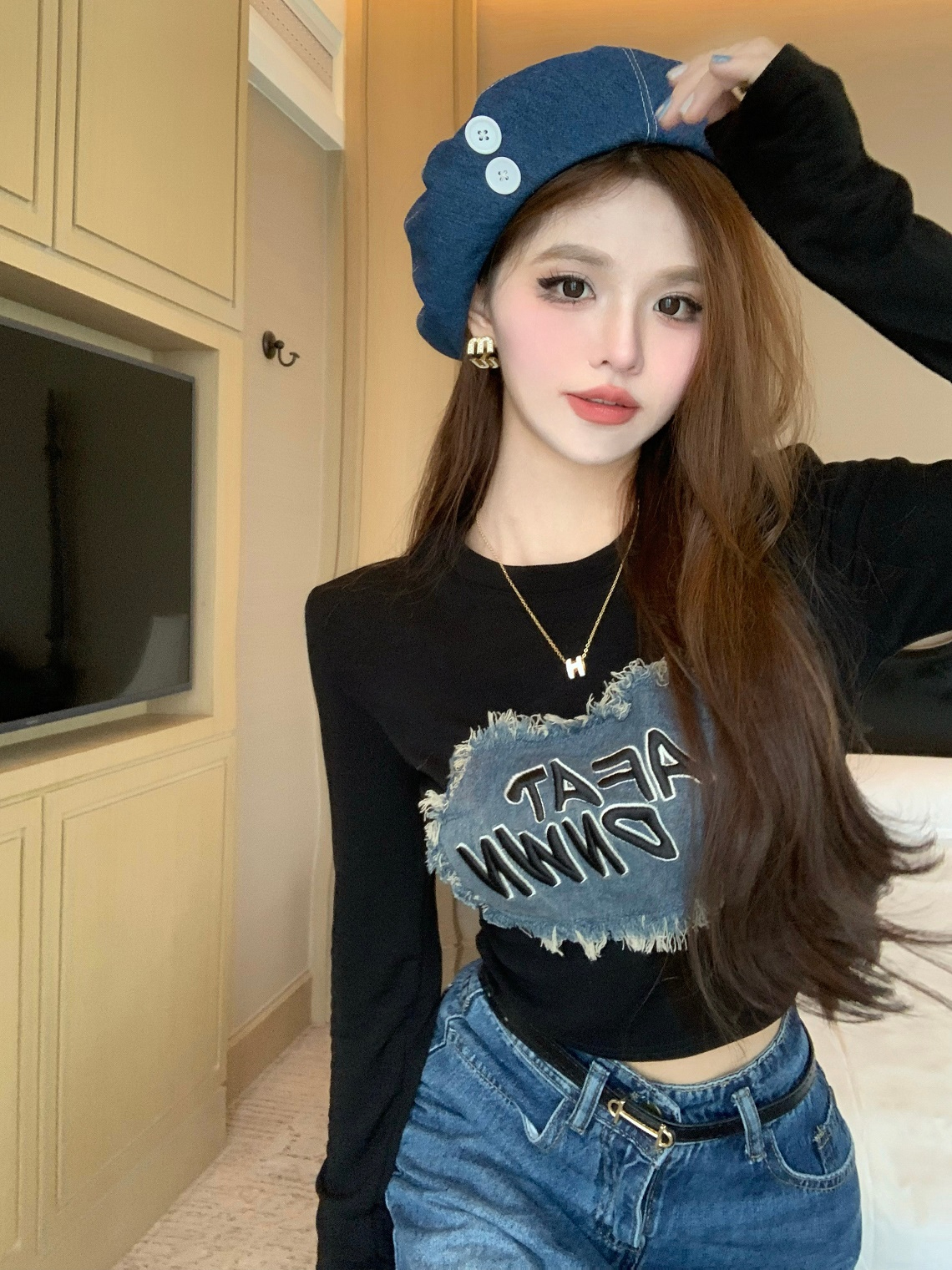 Letter Denim Patch Long Sleeve T-Shirt Women's American Style Bottoming Top