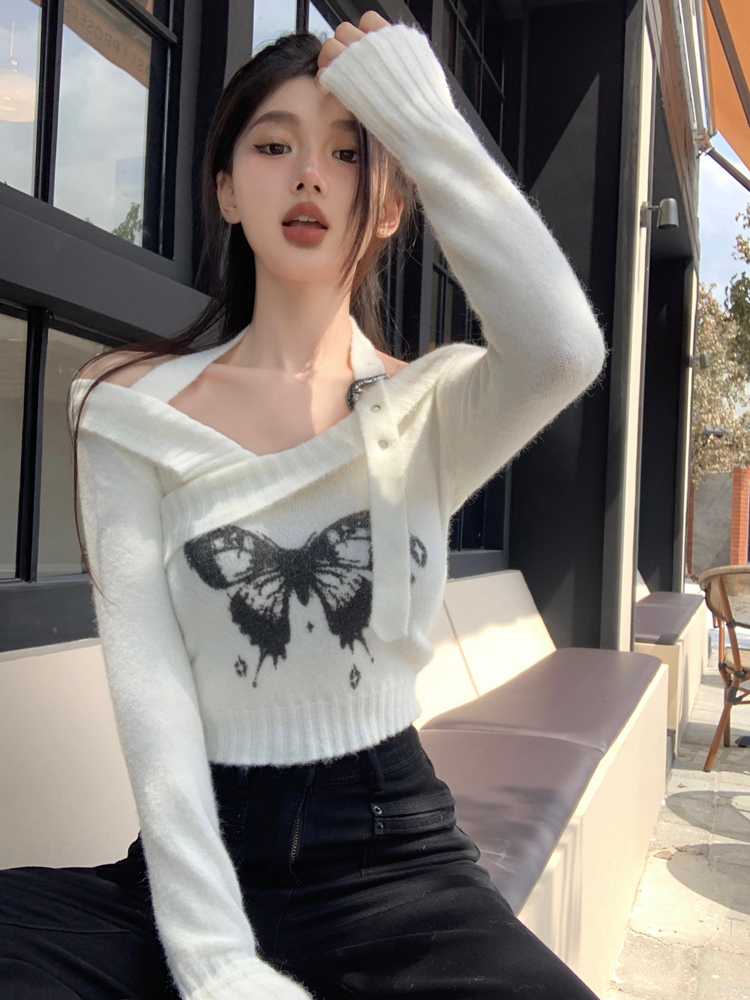 2023秋冬季新款針織衫辣妹修身掛脖斜肩蝴蝶印花針織短款上衣女