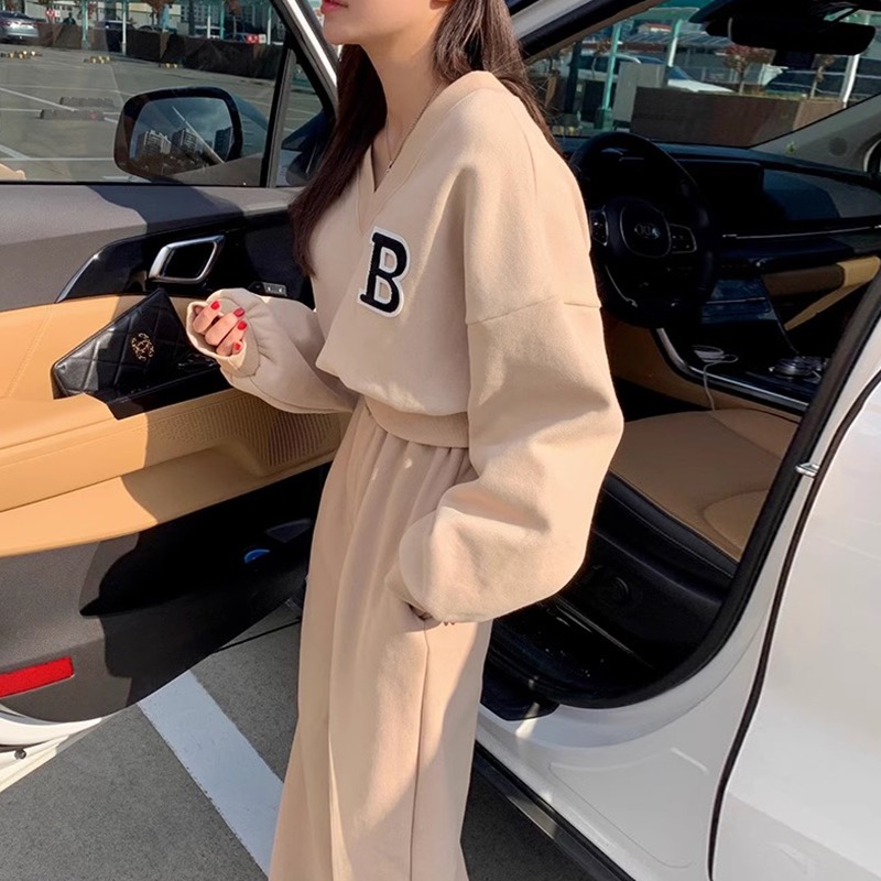 韓國chic秋冬小眾慵懶風百搭加絨長袖衛衣+高腰闊腿休閒長褲套裝
