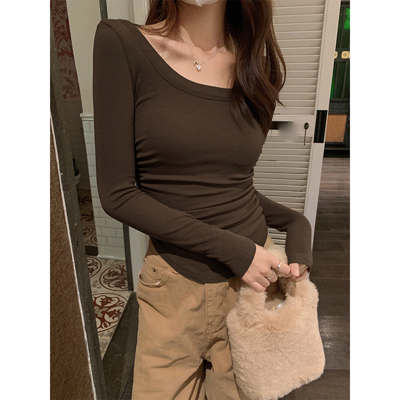 實拍美式辣妹大圓領鎖骨長袖t恤女秋冬內搭褶皺修身短款上衣