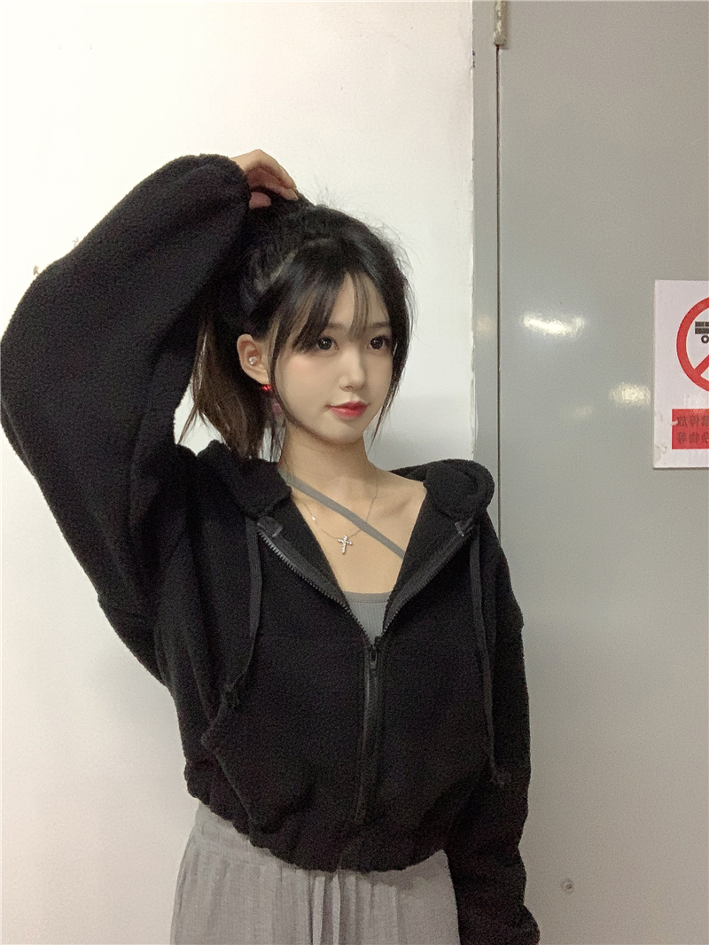 韓版仿羊羔毛絨衛衣外套女秋冬洋氣寬鬆短款時尚百搭連帽毛絨上衣