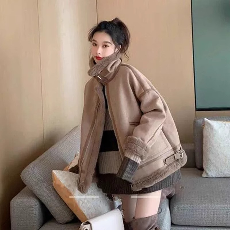 皮毛一體羊羔絨外套女冬2023新款韓版高級感仿羊羔毛麂皮絨機車服