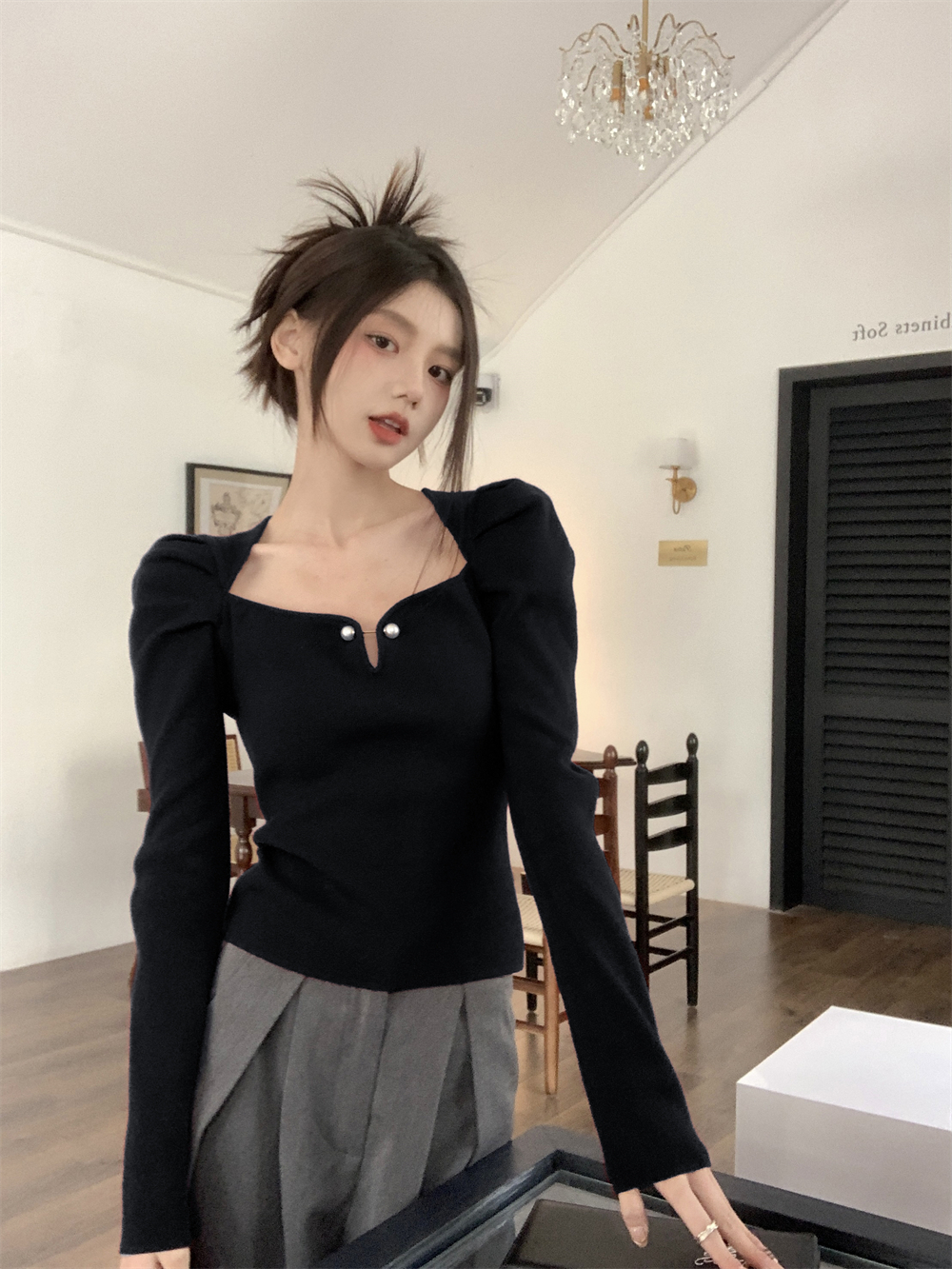 實拍~ 冬季珍珠扣修身顯瘦泡泡袖針織毛衣女