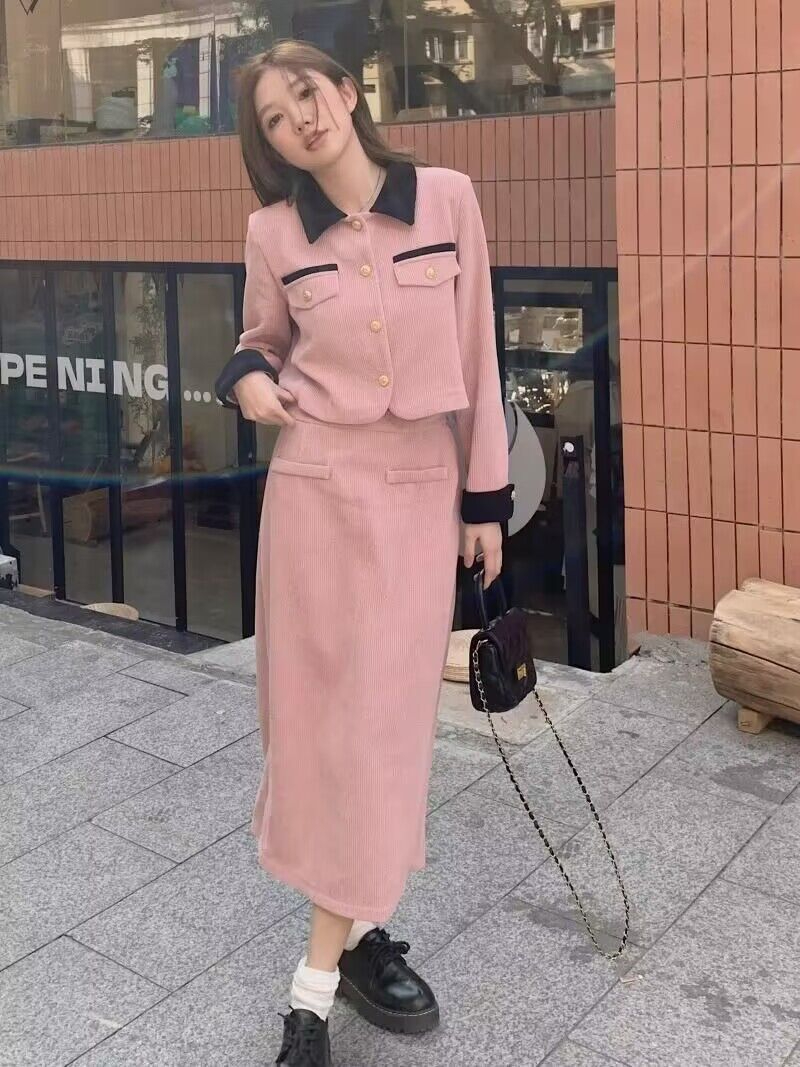 小香風套裝女秋冬2023新款高級感時尚洋氣翻領上衣半身短裙兩件套