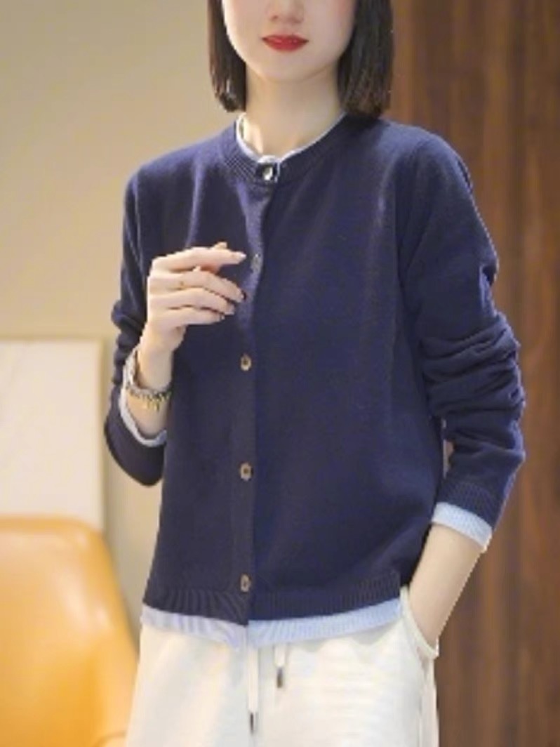 軟糯針織開衫女春秋外搭寬鬆短款洋氣上衣休閒灰色圓領毛衣小外套