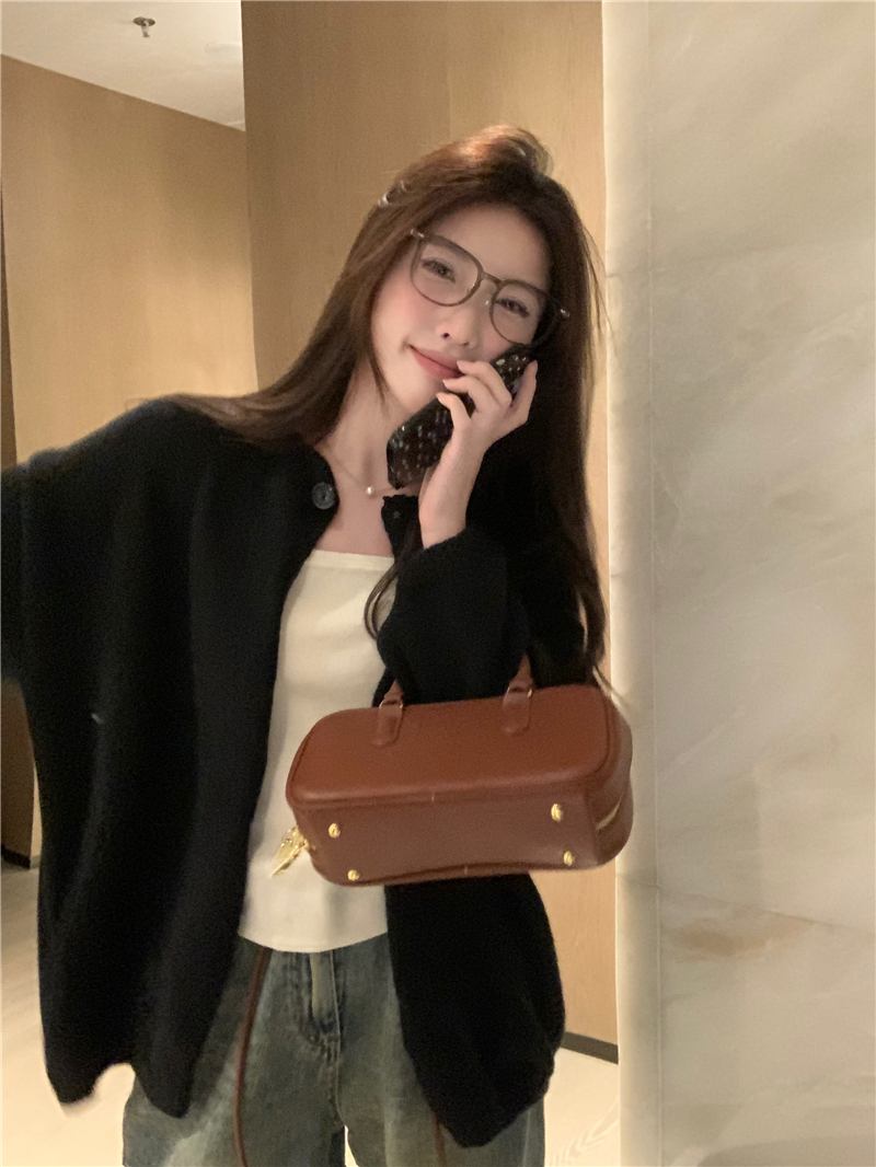 實拍 韓系寬鬆圓領毛衣外套女一粒扣外穿厚款開衫