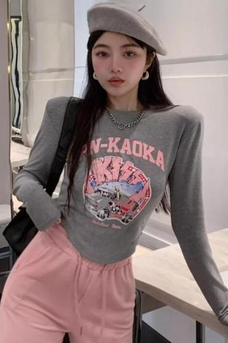 Official photo Curved hem long-sleeved right shoulder T-shirt base layer sweet and spicy chic design top for autumn and winter