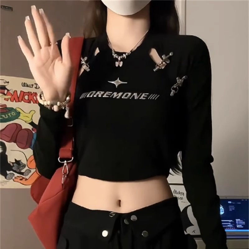 260克莫代爾1*1 美式小眾設計插肩短款秋季新款復古拼接卡扣T恤