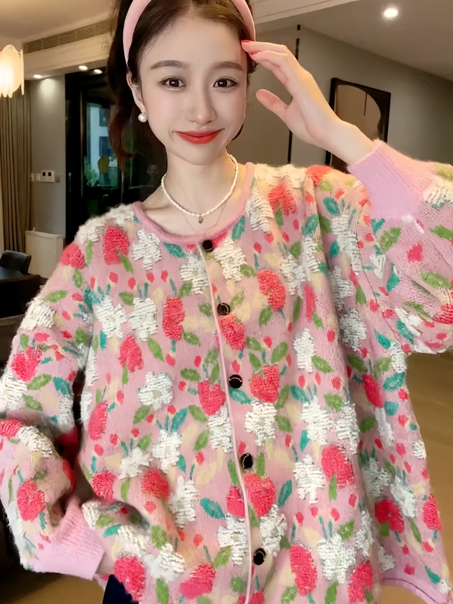 韓國東大門2023秋季新款日系復古慵懶風粉色花朵針織開衫毛衣外套
