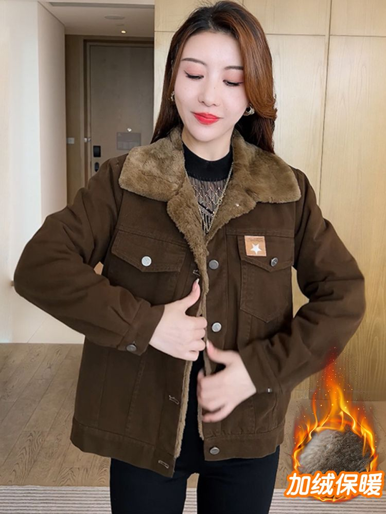 羊羔絨短款牛仔外套女2023冬季韓版寬鬆加絨加厚保暖棉衣棉服