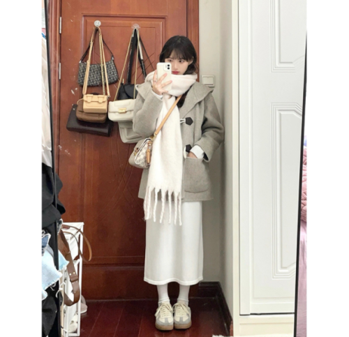  New Korean Drama Horn Button Coat Women's Autumn and Winter Thickened Mid-Length Woolen Jacket High-Quality Small Man