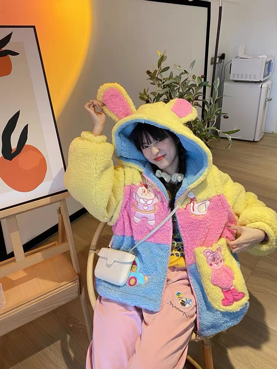 Colorful lamb wool cotton coat for women, sweet and cute embroidered bear ice cream contrasting color coat