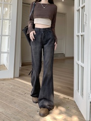 Shooted Autumn/Winter New Model Non-stick Leg Slimming Denim Micro-ripple Pants American High-waist Frayed Design Trumpet Pants