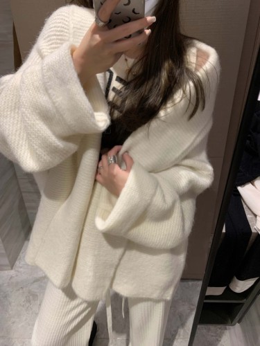 新品韩版洋气时髦慵懒翻领中长款加厚保暖针织开衫毛衣外套女