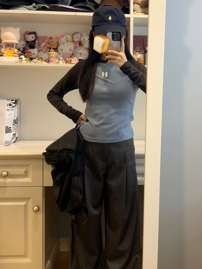 260克莫代爾1*1  美式復古插肩撞色長袖t恤女秋季新款甜辣妹修身
