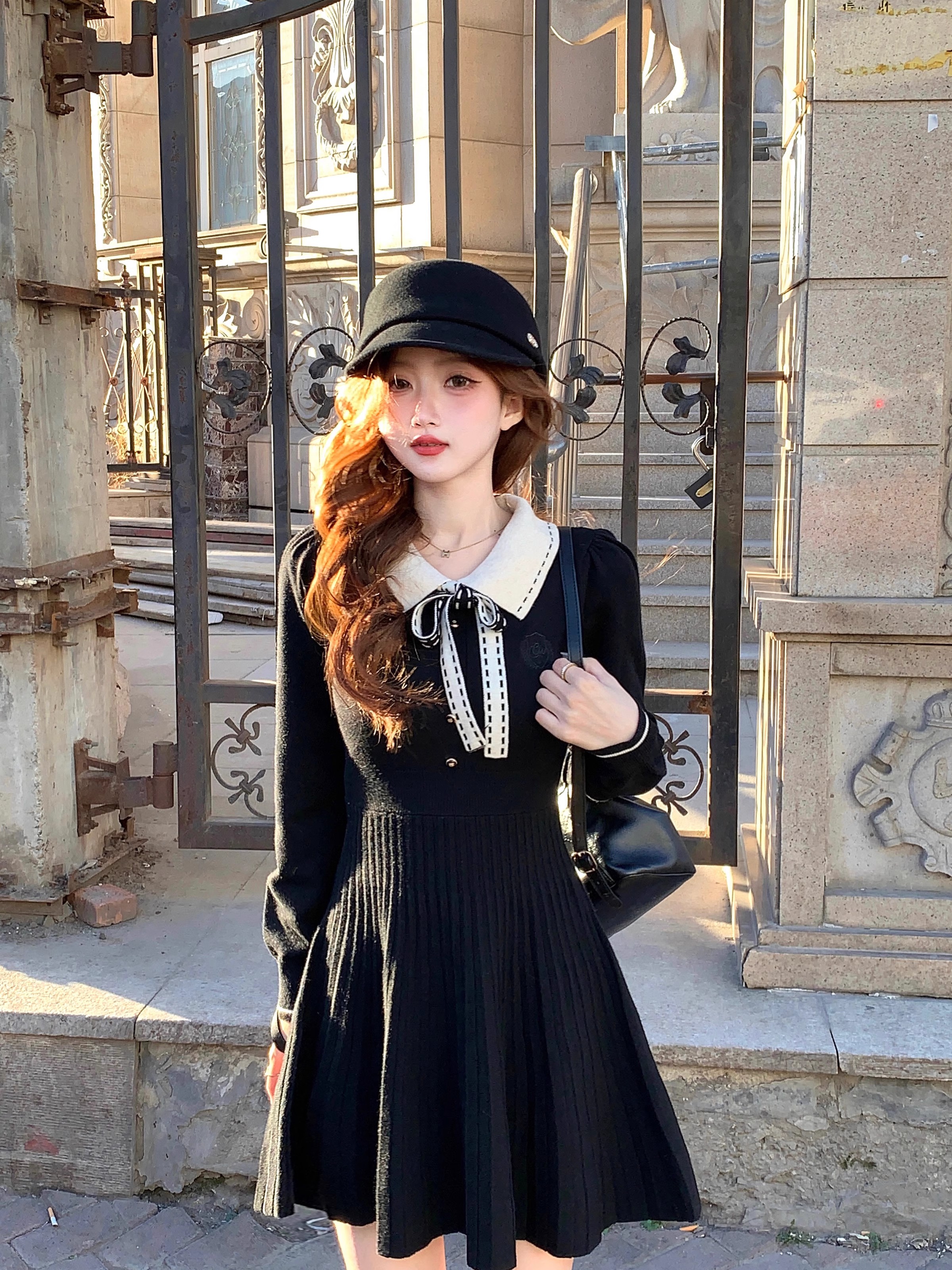 Q Girl's Family Fran College/French Daughter of Gold Little Fragrance Style Polo Dress Women's 2023 Autumn and Winter Long Sleeve Little Black Dress
