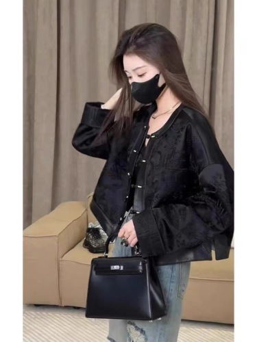 Autumn  New New Chinese Style Tops National Style Women's Small Fragrance Style Black Short Leather Jacket Women Spring and Autumn