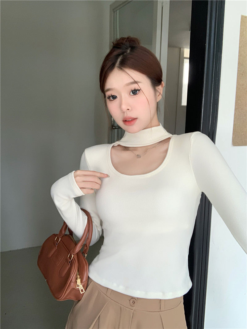 實拍~秋冬設計感半高領掛脖長袖磨毛保暖上衣女帶胸墊